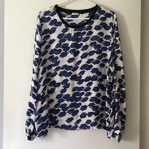 MARGITTES Blue + White Cupro Lips Print Top 42 M